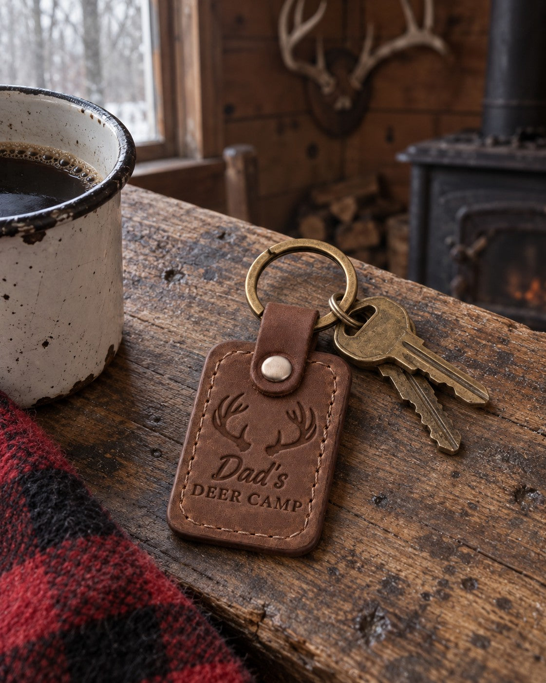 Dad's Deer Camp keychain in brown leather on a gate key hanging from a nail on a weathered cabin wall