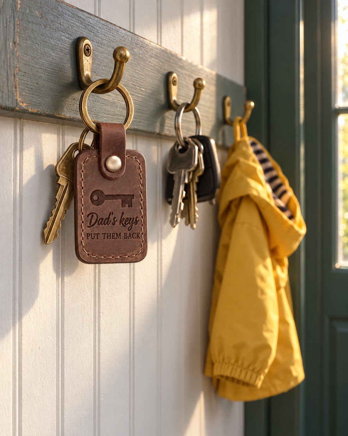 Brown Dad's keys PUT THEM BACK keychain on a truck key ring left on a kitchen counter