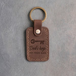 Sicilian brown leather keychain debossed with an old house key below Dad's keys and PUT THEM BACK
