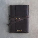 Dark Espresso leather journal, Medium size, front with a debossed name