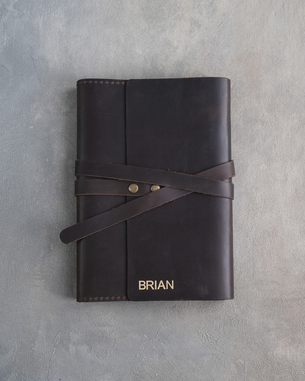 Dark Espresso leather journal, Medium size, front with a debossed name