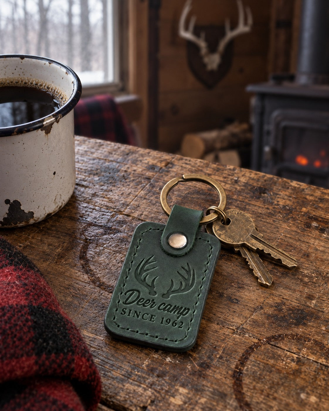 Deer Camp Since 1962 keychain in forest green leather hanging from a padlock key on a cabin door hook