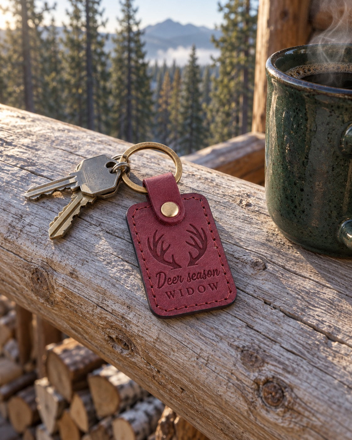 Deer Season Widow keychain in wine red leather on a kitchen counter beside a glass of red wine in evening lamplight