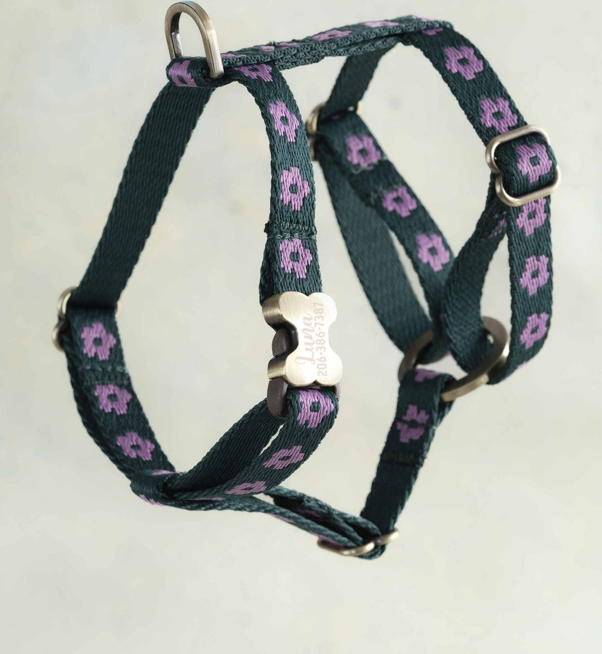 Thin webbing harness for small dogs, Lilac Posy design (lilac flowers on forest green), with an engraved bone buckle