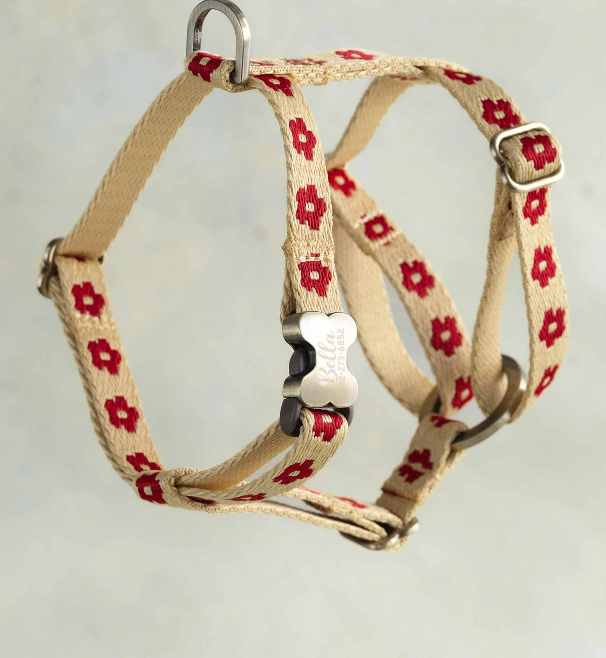 Thin webbing harness for small dogs, Poppy Posy design (red flowers on butter cream), with an engraved bone buckle