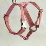 Thin webbing harness for small dogs, Marigold Posy design (marigold flowers on rose pink), with an engraved bone buckle