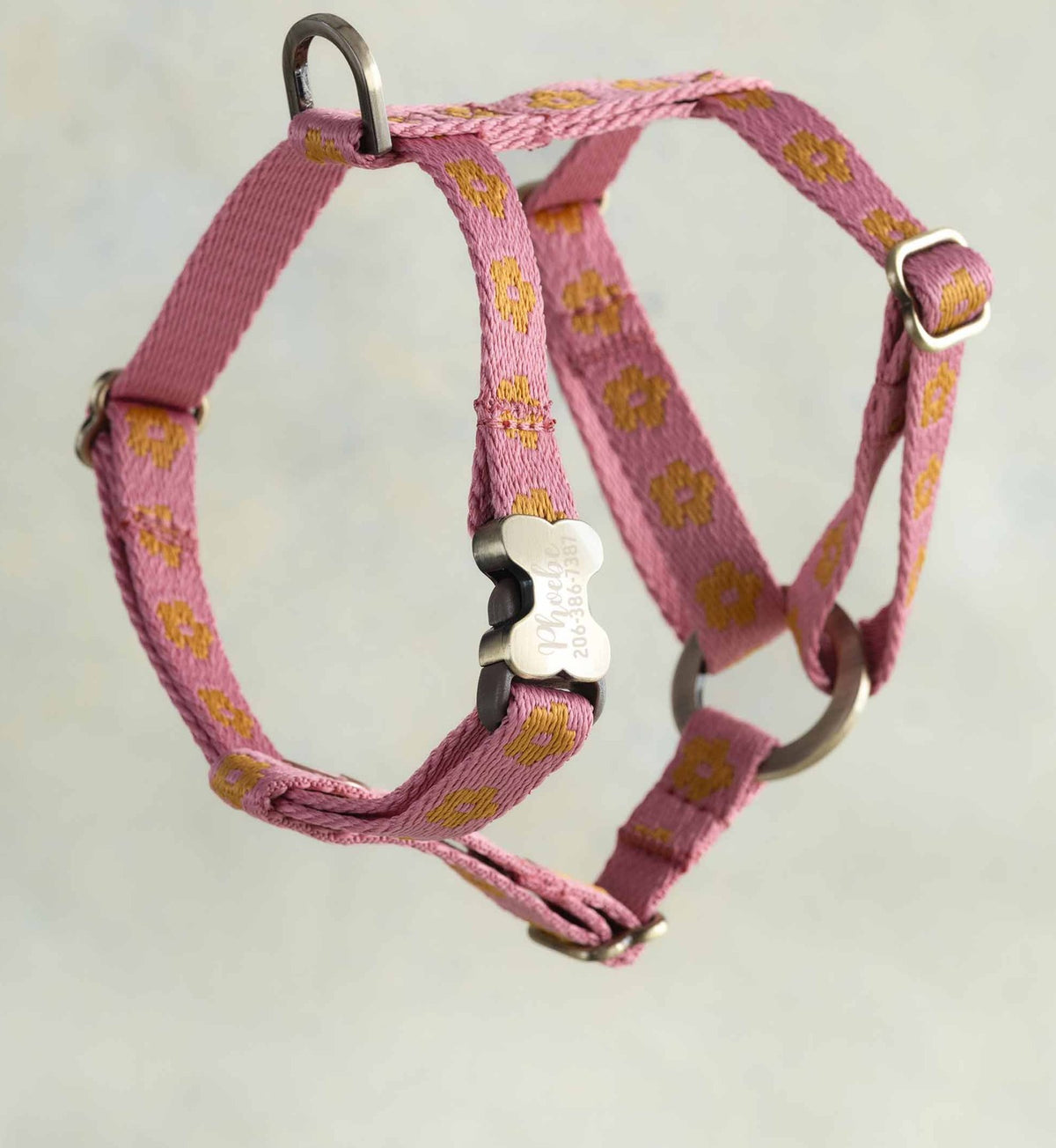 Thin webbing harness for small dogs, Marigold Posy design (marigold flowers on rose pink), with an engraved bone buckle