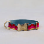 Retro Wave Dog Collar, personalized Summer Waves webbing collar No. 11 with an engraved bone buckle