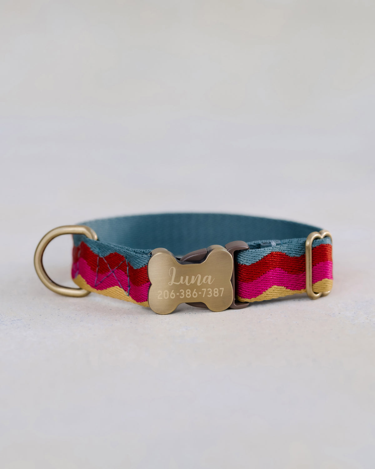 Retro Wave Dog Collar, personalized Summer Waves webbing collar No. 11 with an engraved bone buckle