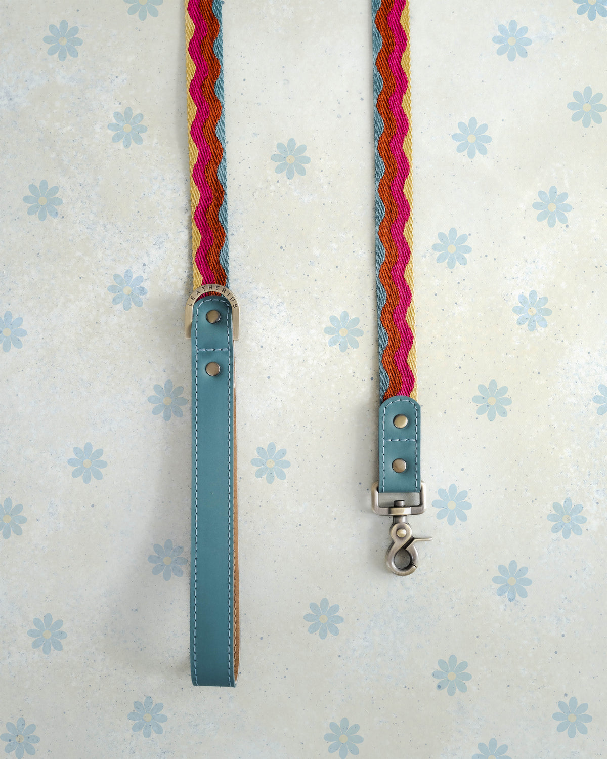Summer Waves webbing dog leash with a leather handle