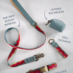 Summer Waves dog collar and leash set: collar, matching leash, keychain and leather poop-bag holder