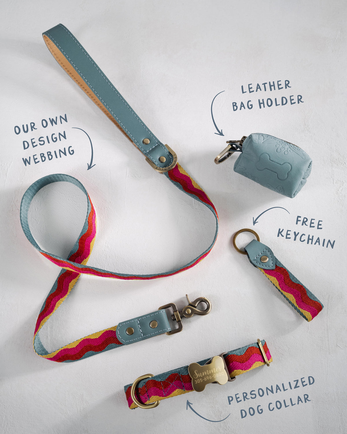 Summer Waves dog collar and leash set: collar, matching leash, keychain and leather poop-bag holder
