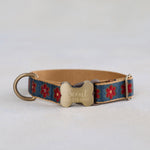 Navy Floral Dog Collar, personalized Navy Bloom webbing collar No. 12 with an engraved bone buckle