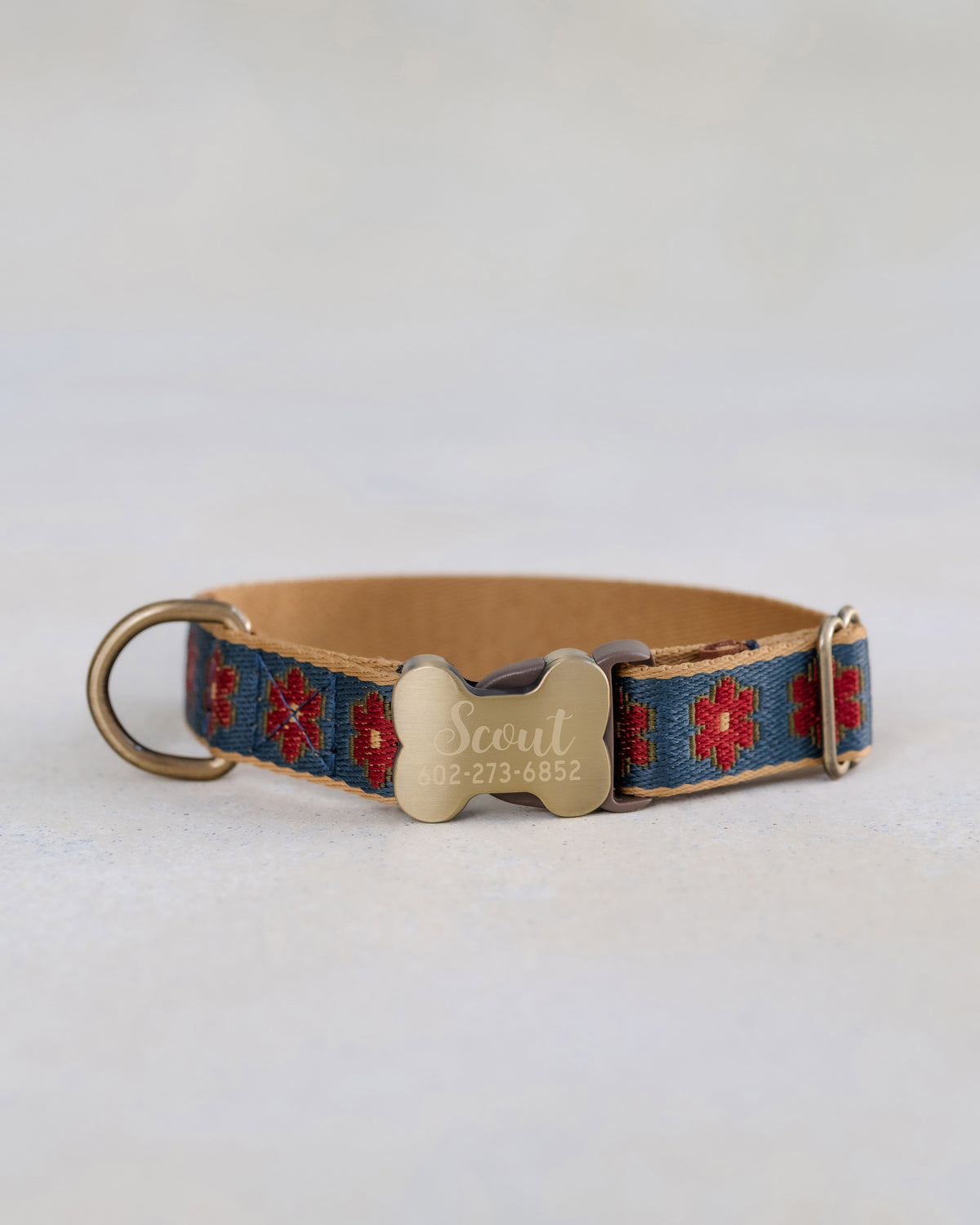 Navy Floral Dog Collar, personalized Navy Bloom webbing collar No. 12 with an engraved bone buckle