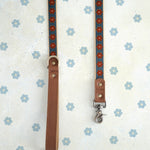 Navy Bloom webbing dog leash with a leather handle