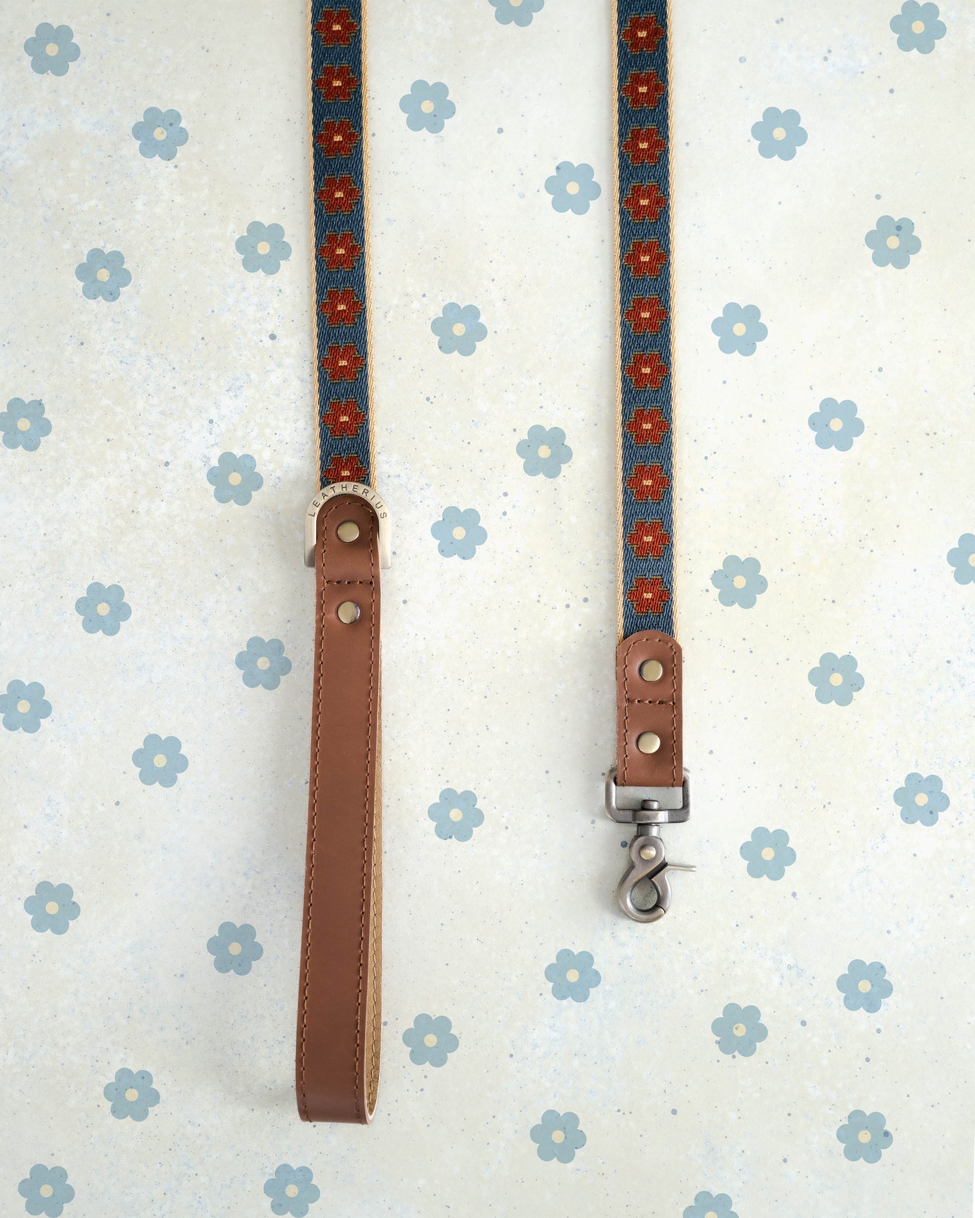 Webbing dog collar navy blue brown floral