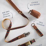 Navy Bloom dog collar and leash set: collar, matching leash, keychain and leather poop-bag holder