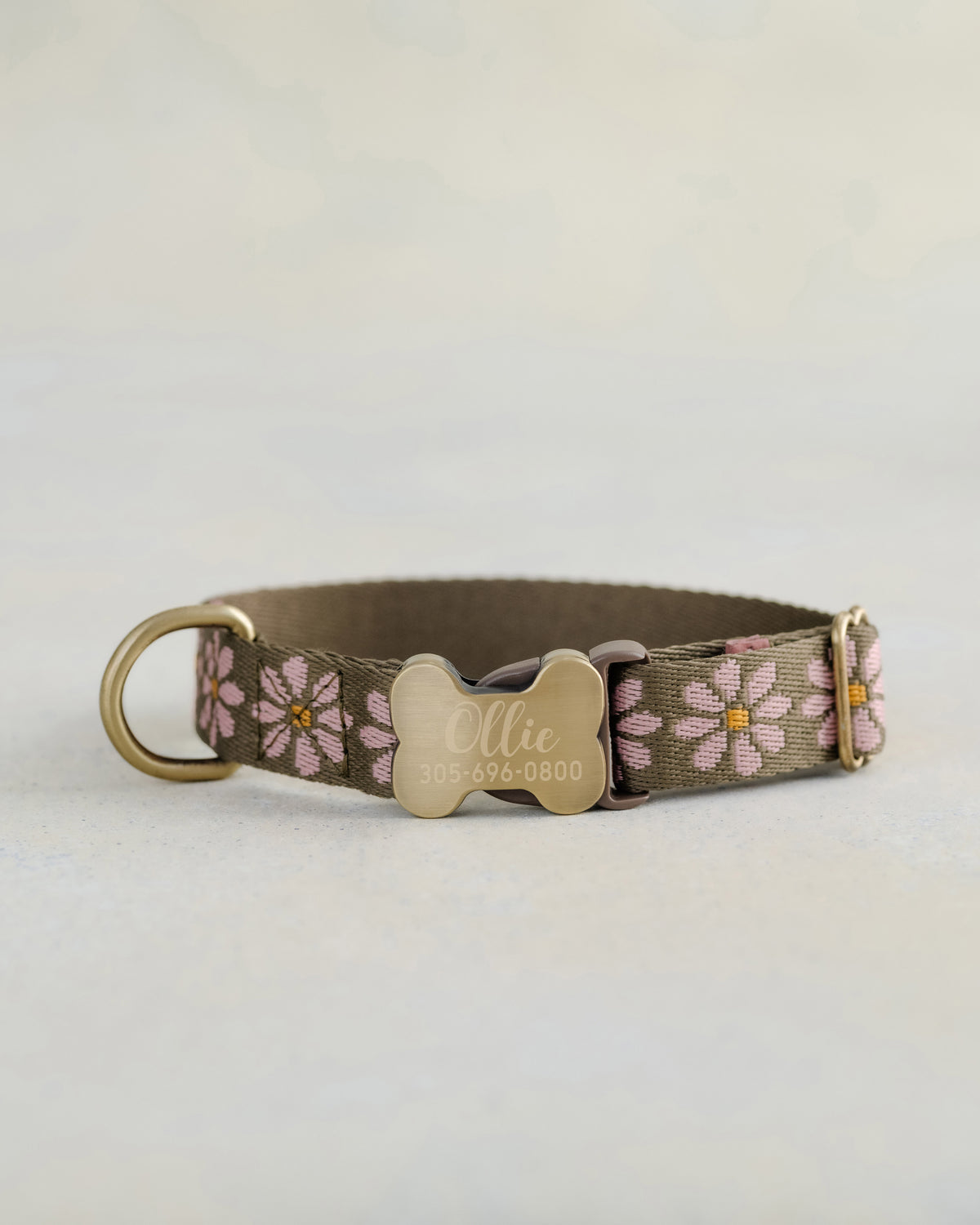 Pink and Olive Floral Dog Collar, personalized Pink & Olive webbing collar No. 13 with an engraved bone buckle