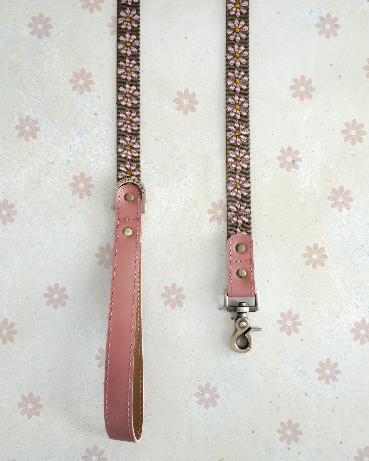 Pink & Olive webbing dog leash with a leather handle
