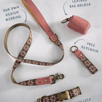 Pink & Olive dog collar and leash set: collar, matching leash, keychain and leather poop-bag holder