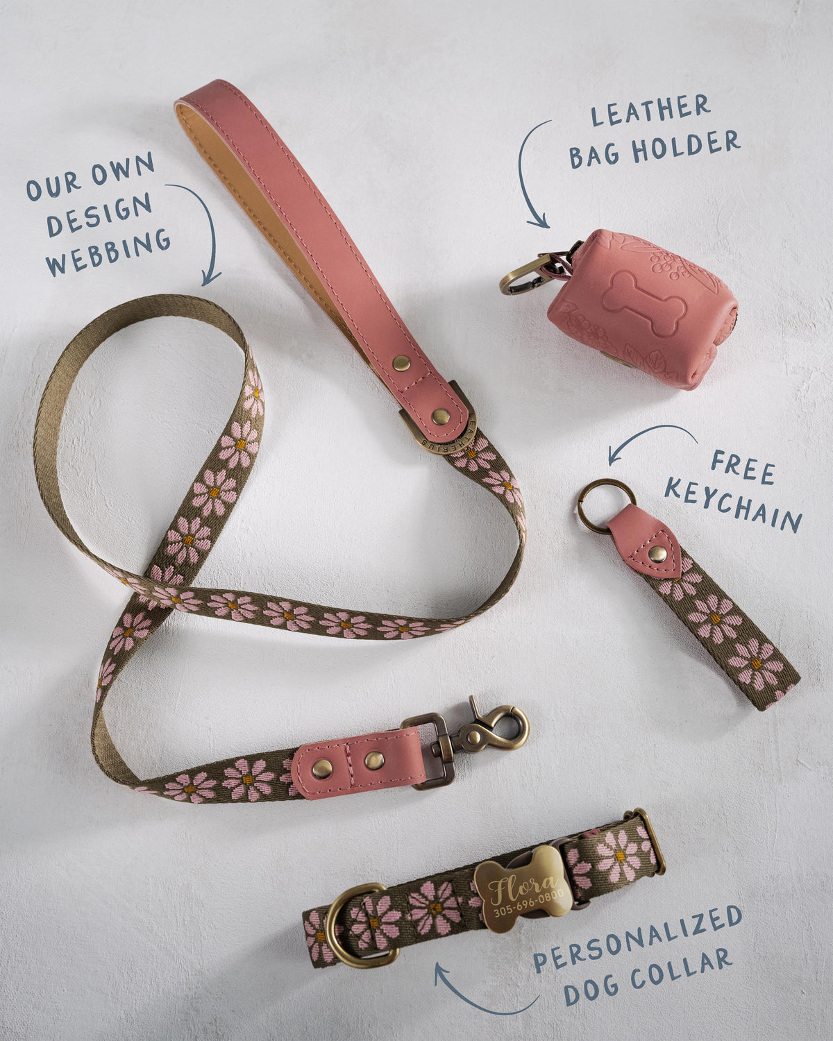 Pink & Olive dog collar and leash set: collar, matching leash, keychain and leather poop-bag holder