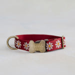 Red Daisy Dog Collar, personalized Ruby Daisy webbing collar No. 14 with an engraved bone buckle