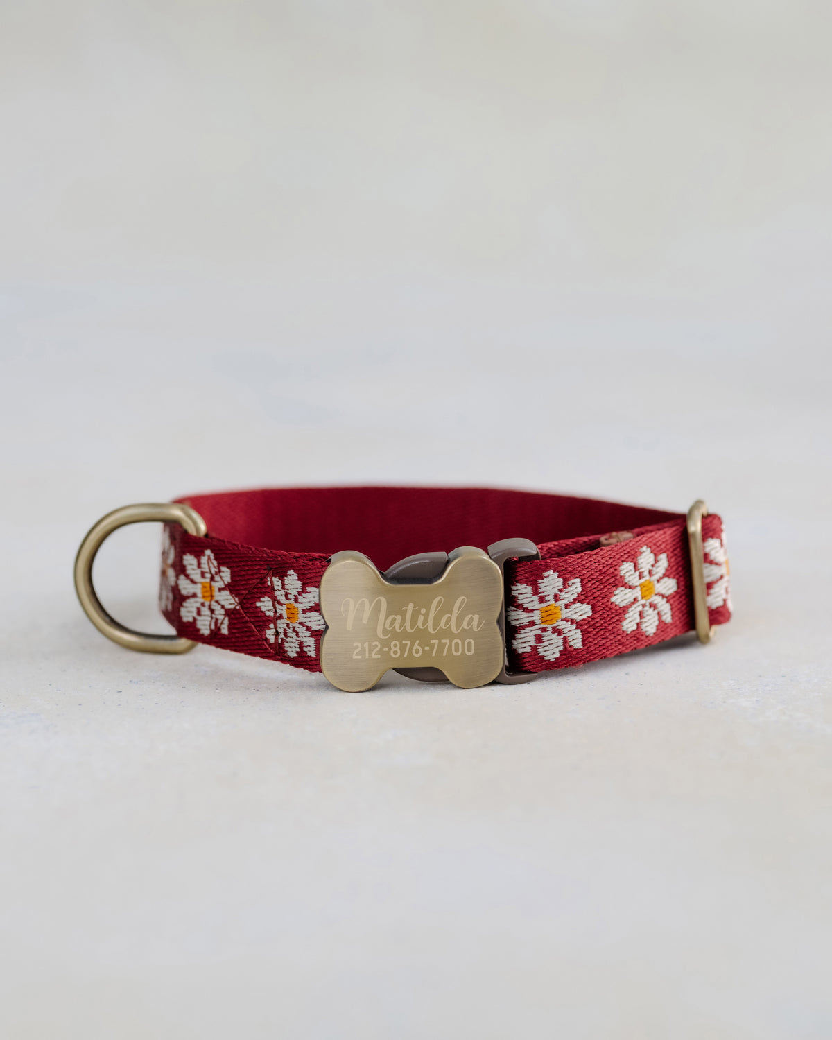 Red Daisy Dog Collar, personalized Ruby Daisy webbing collar No. 14 with an engraved bone buckle