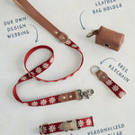 Ruby Daisy dog collar and leash set: collar, matching leash, keychain and leather poop-bag holder