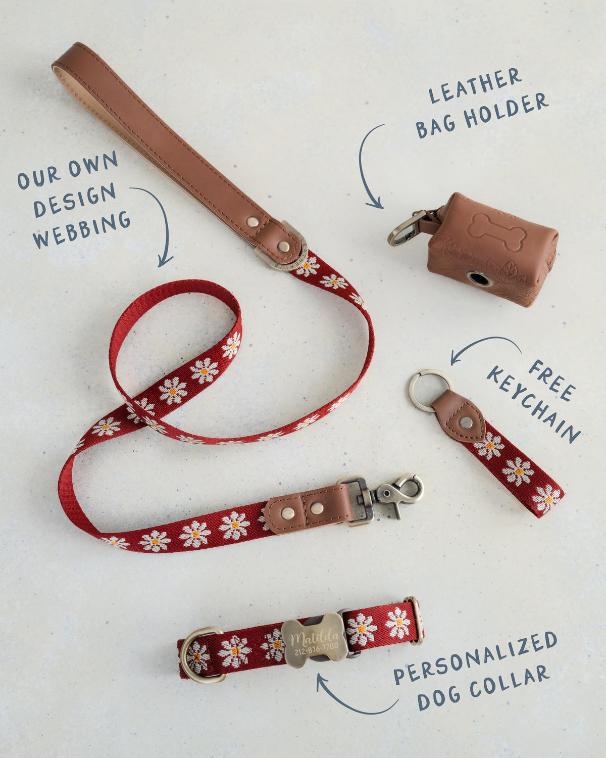 Ruby Daisy dog collar and leash set: collar, matching leash, keychain and leather poop-bag holder