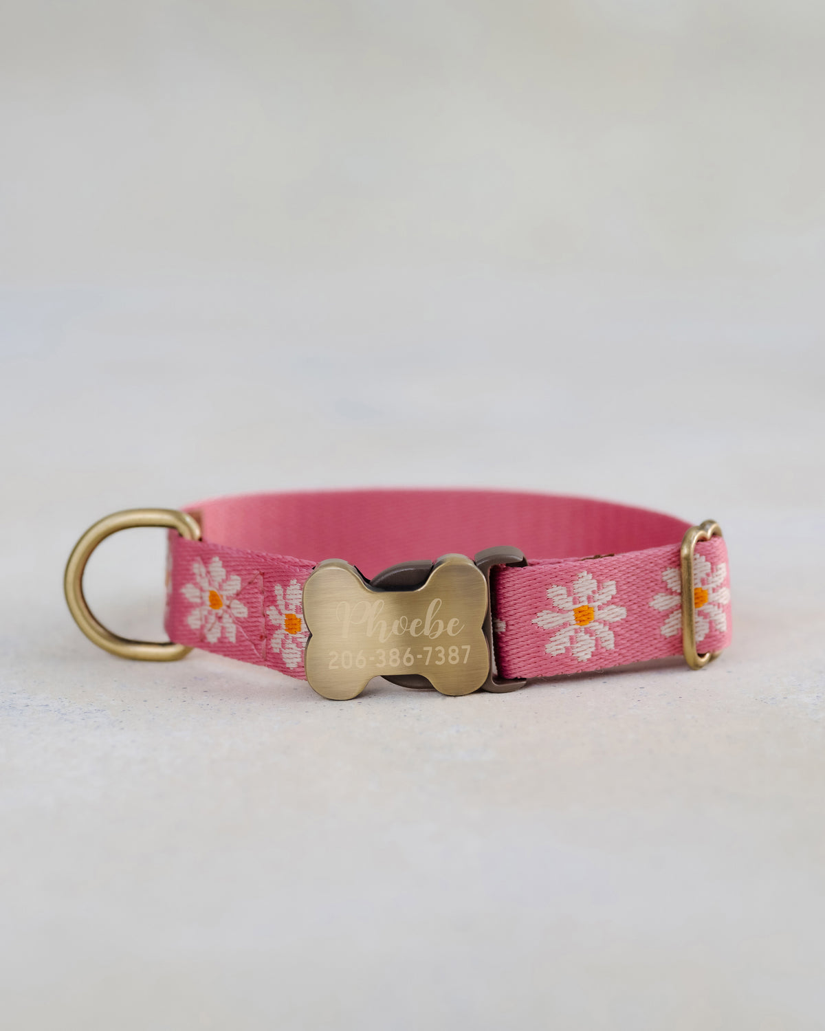 Pink Daisy Dog Collar, personalized Blush Daisy webbing collar No. 15 with an engraved bone buckle