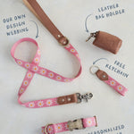 Blush Daisy dog collar and leash set: collar, matching leash, keychain and leather poop-bag holder