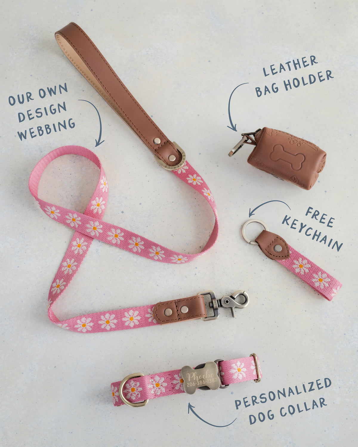 Blush Daisy dog collar and leash set: collar, matching leash, keychain and leather poop-bag holder