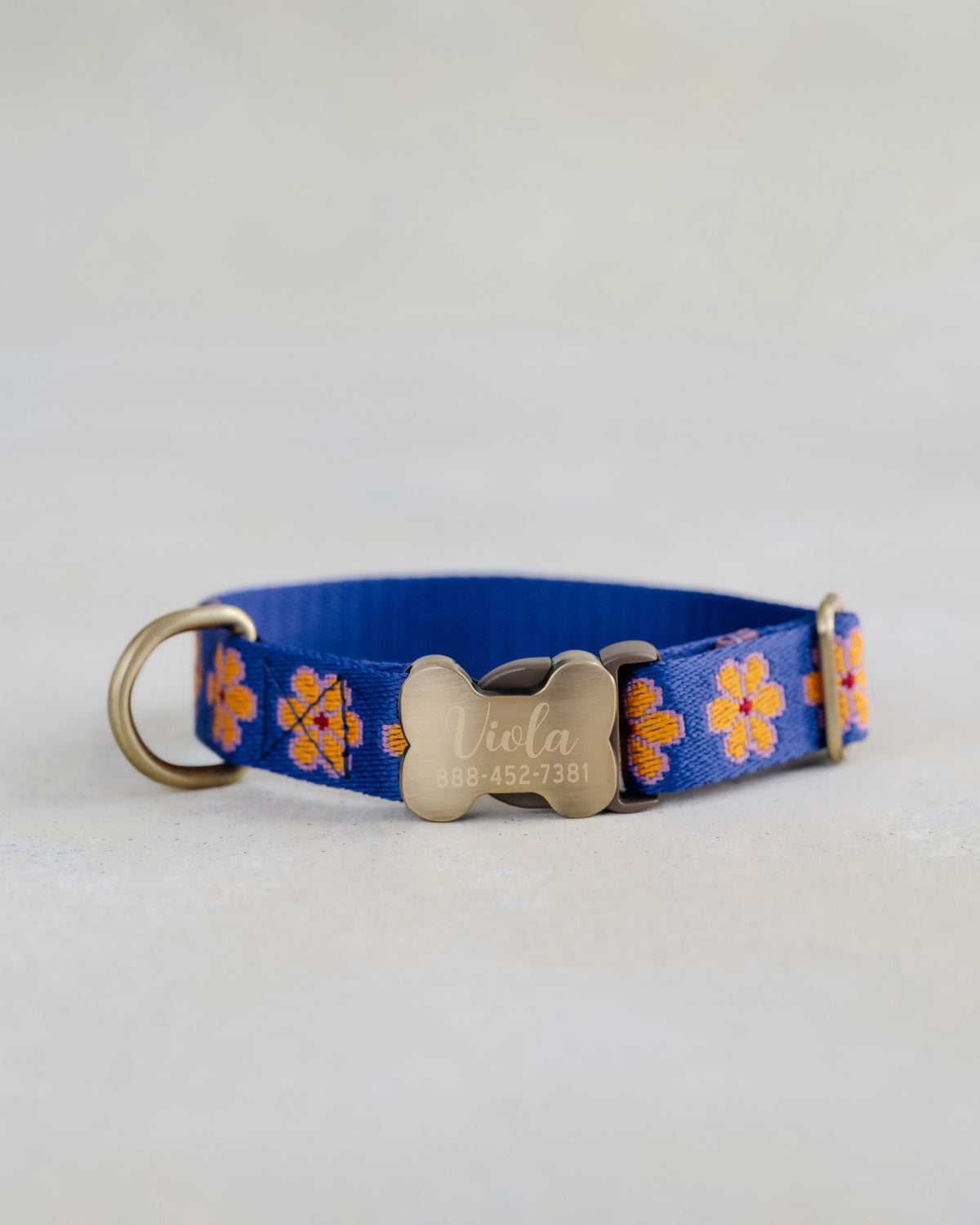 Royal Blue Flower Dog Collar, personalized Marigold webbing collar No. 16 with an engraved bone buckle