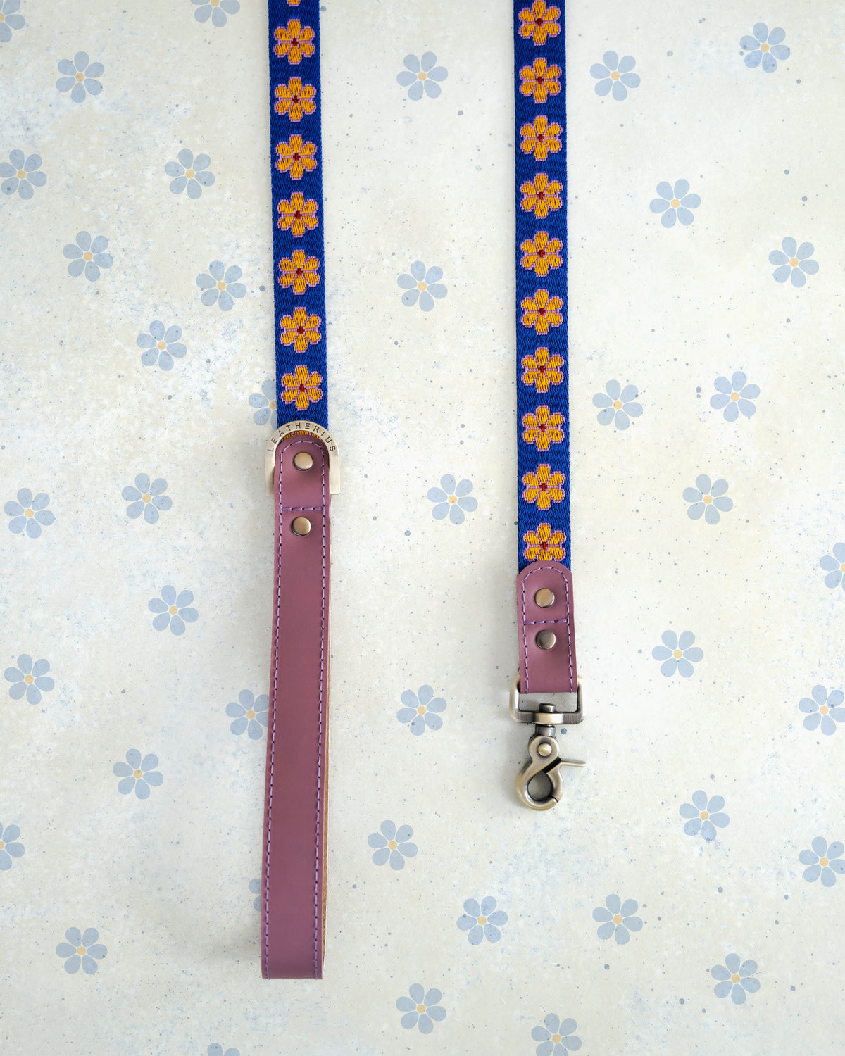 Marigold webbing dog leash with a leather handle