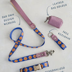 Marigold dog collar and leash set: collar, matching leash, keychain and leather poop-bag holder
