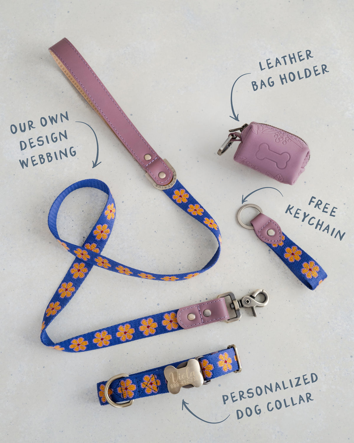 Marigold dog collar and leash set: collar, matching leash, keychain and leather poop-bag holder