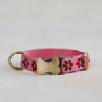 Pink Flower Dog Collar, personalized Rose Garden webbing collar No. 17 with an engraved bone buckle
