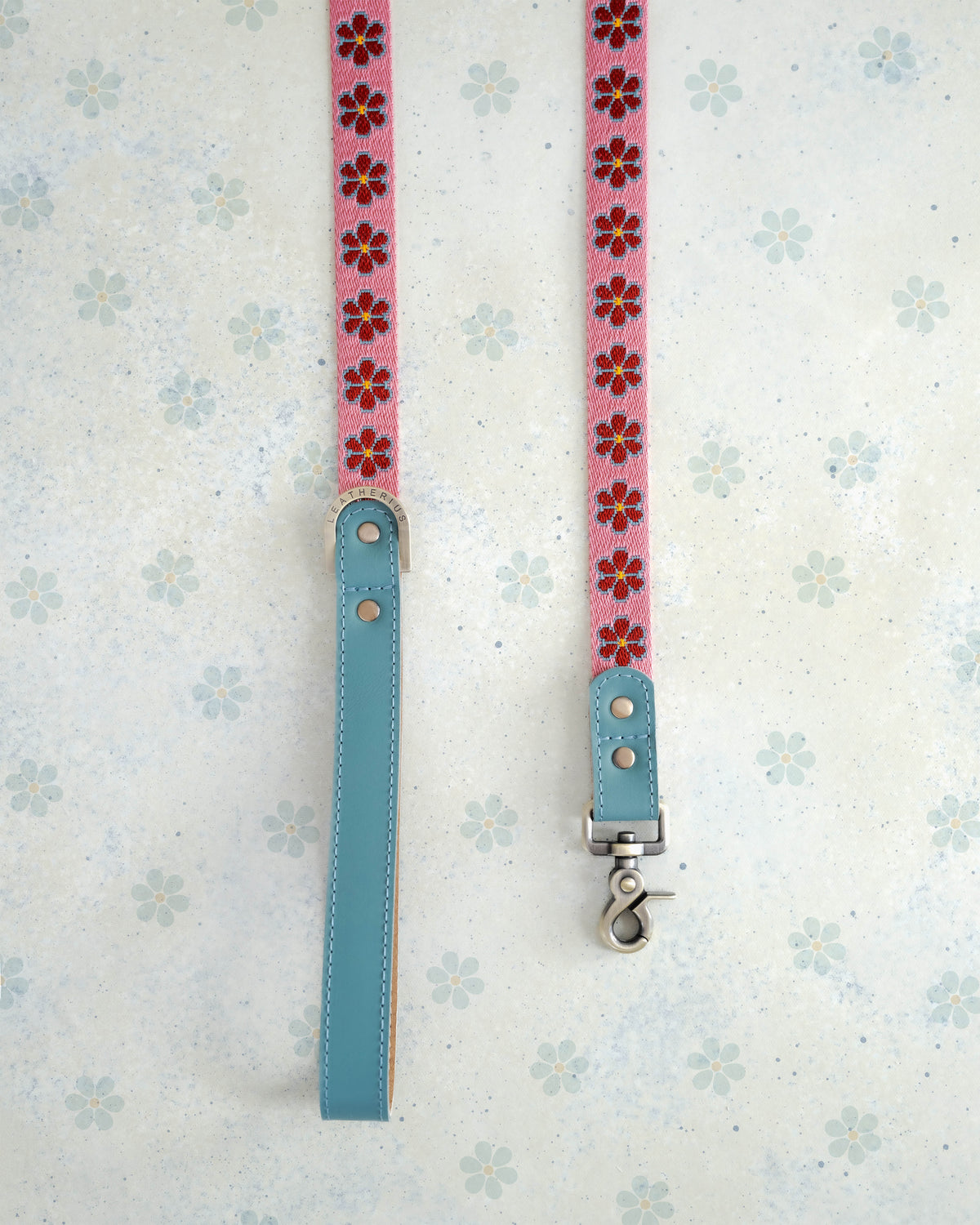 Rose Garden webbing dog leash with a leather handle