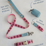 Rose Garden dog collar and leash set: collar, matching leash, keychain and leather poop-bag holder