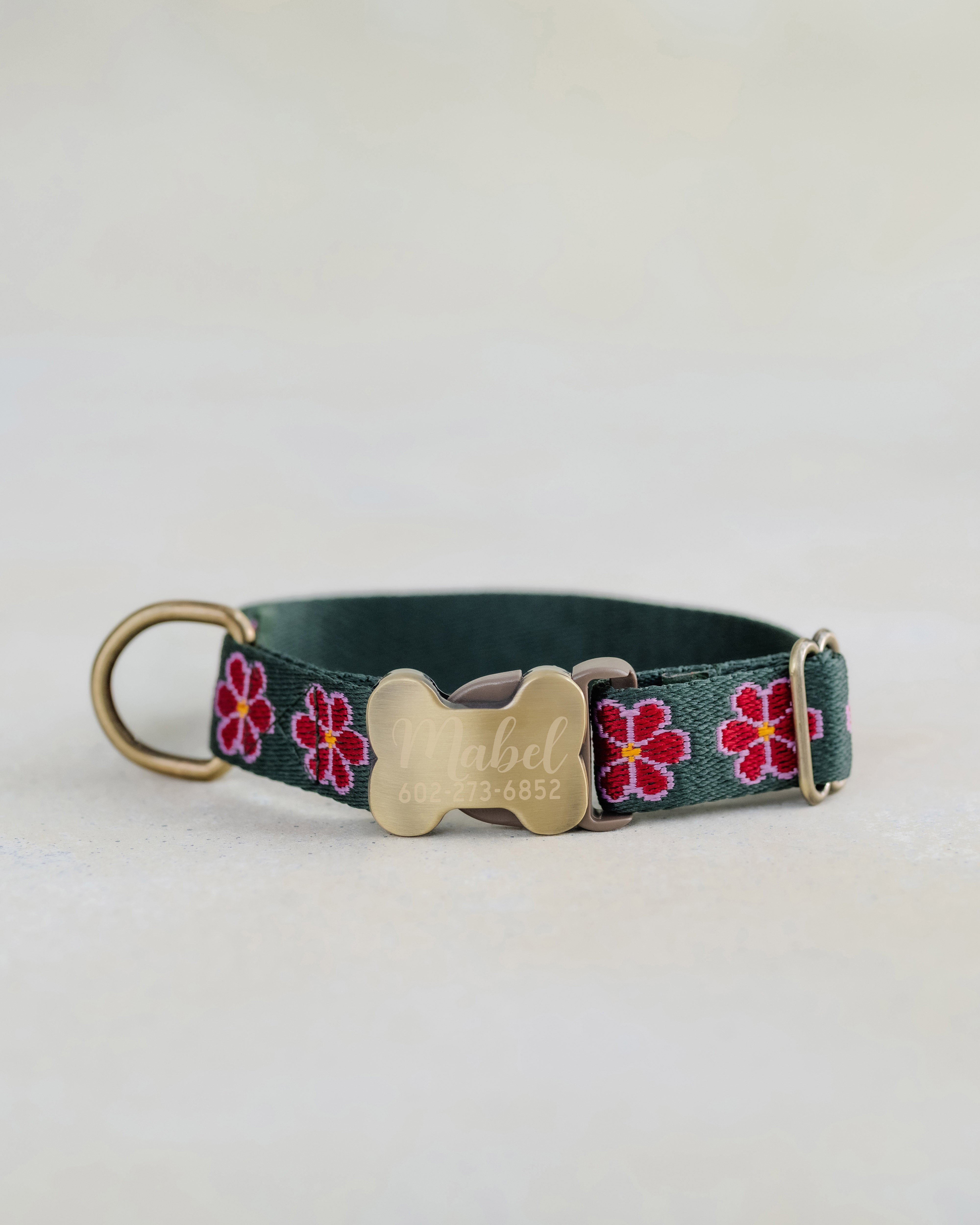 Forest Green & Ruby Red Floral Design Dog Collar
