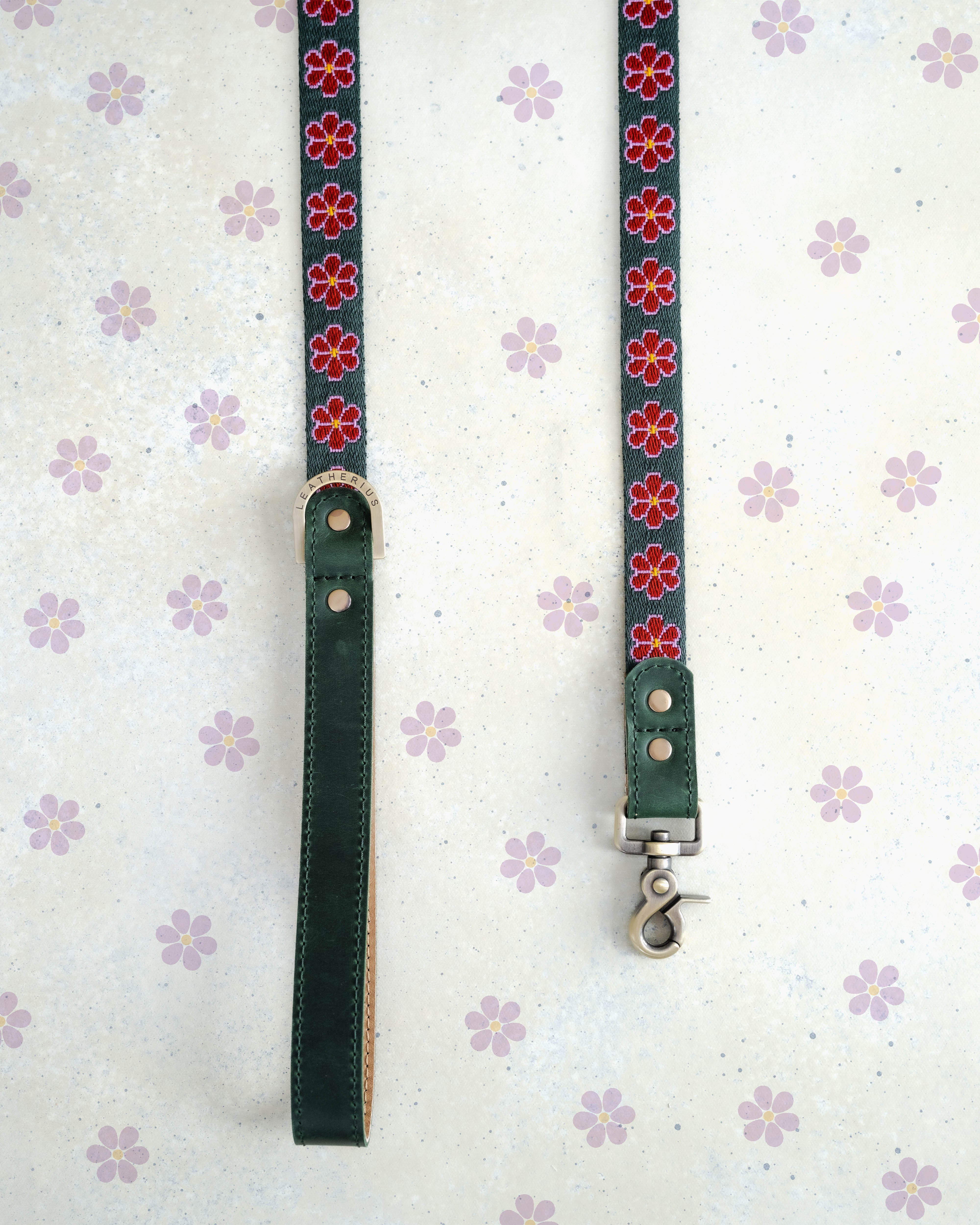 Forest Green & Ruby Red Floral Design Dog Collar