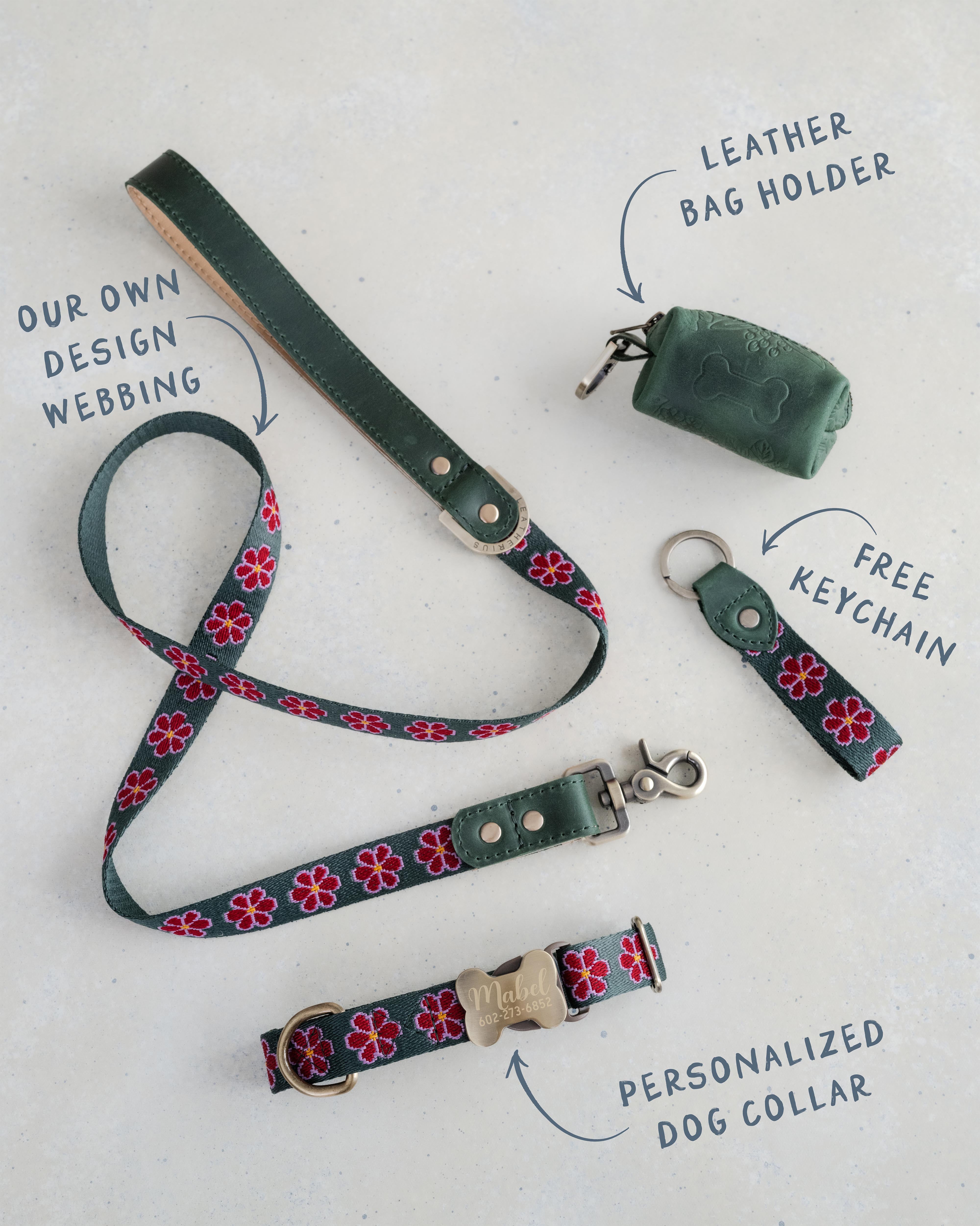 Forest Green & Ruby Red Floral Design Dog Collar
