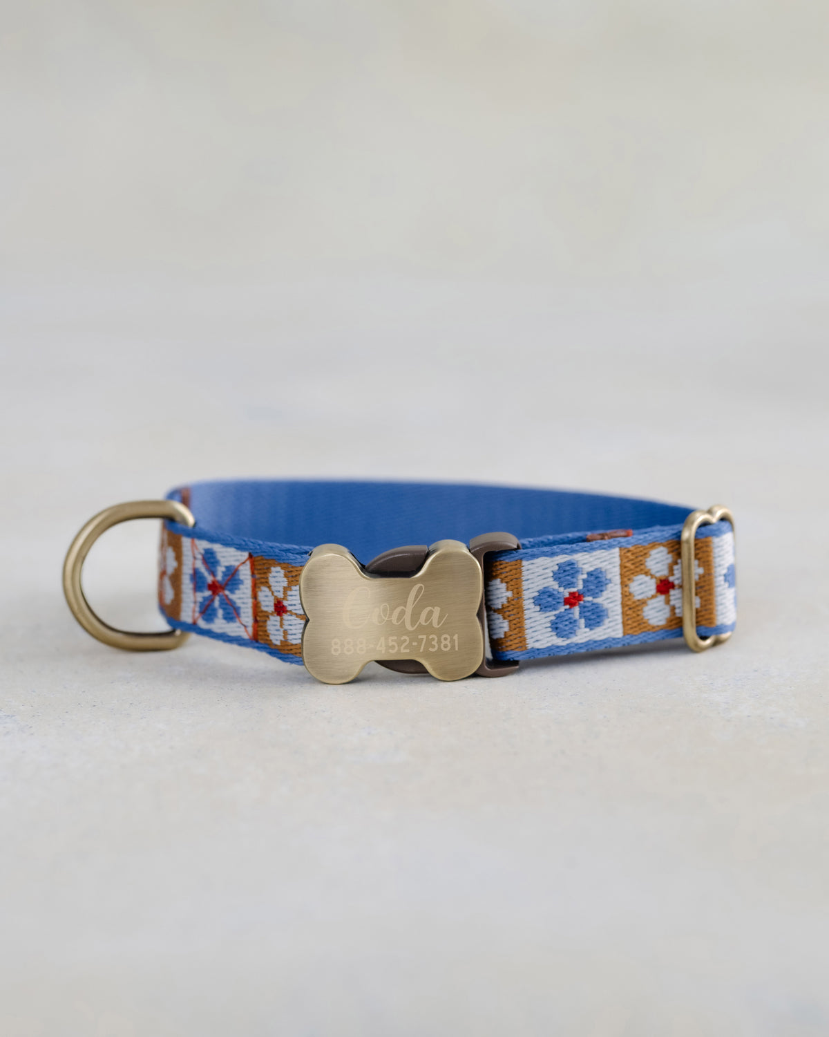 Blue and Tan Floral Dog Collar, personalized Tan Tiles webbing collar No. 19 with an engraved bone buckle