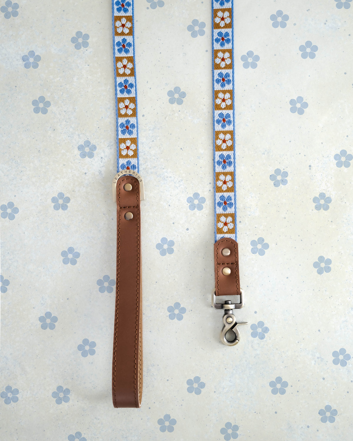 Tan Tiles webbing dog leash with a leather handle