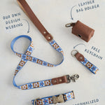 Tan Tiles dog collar and leash set: collar, matching leash, keychain and leather poop-bag holder
