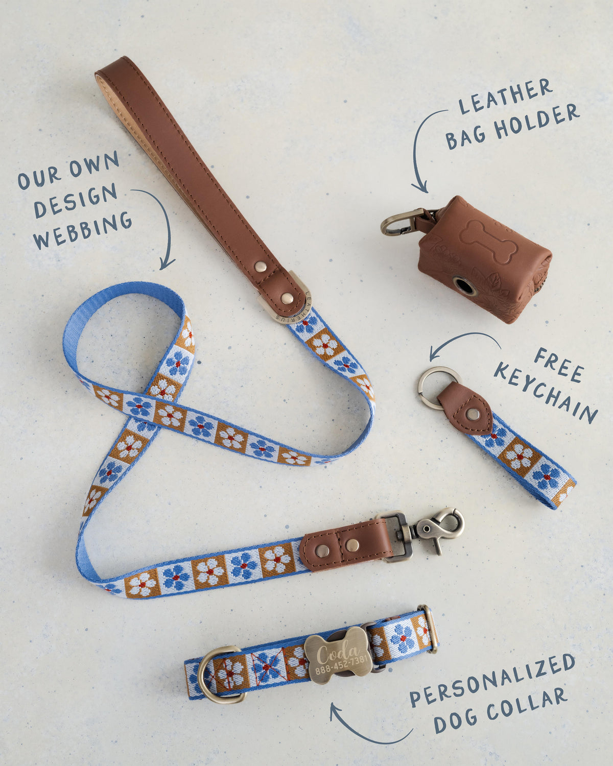 Tan Tiles dog collar and leash set: collar, matching leash, keychain and leather poop-bag holder