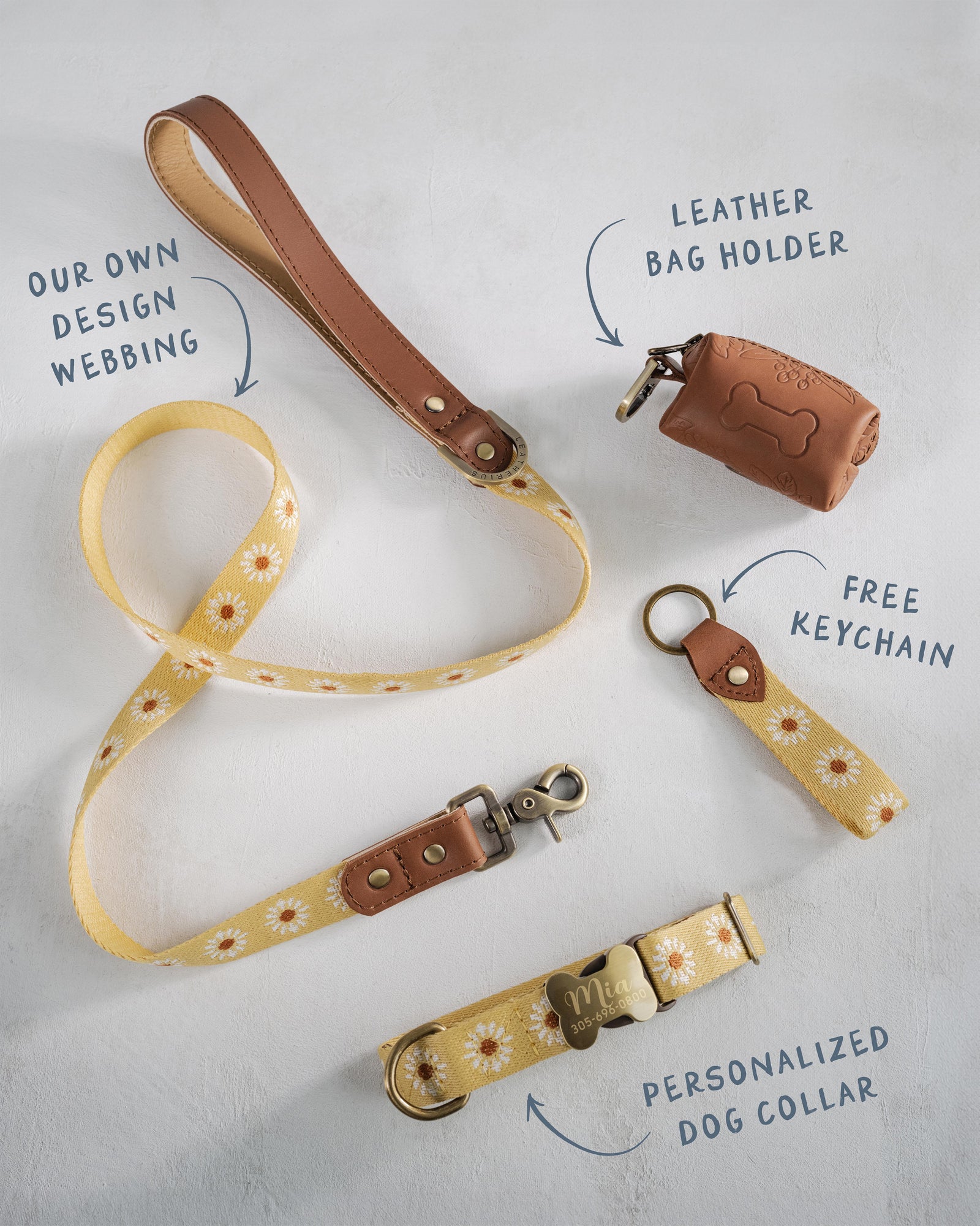 Webbing dog collar yellow daisy