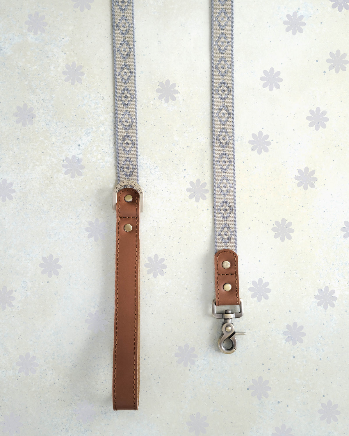 Lavender Diamond webbing dog leash with a leather handle