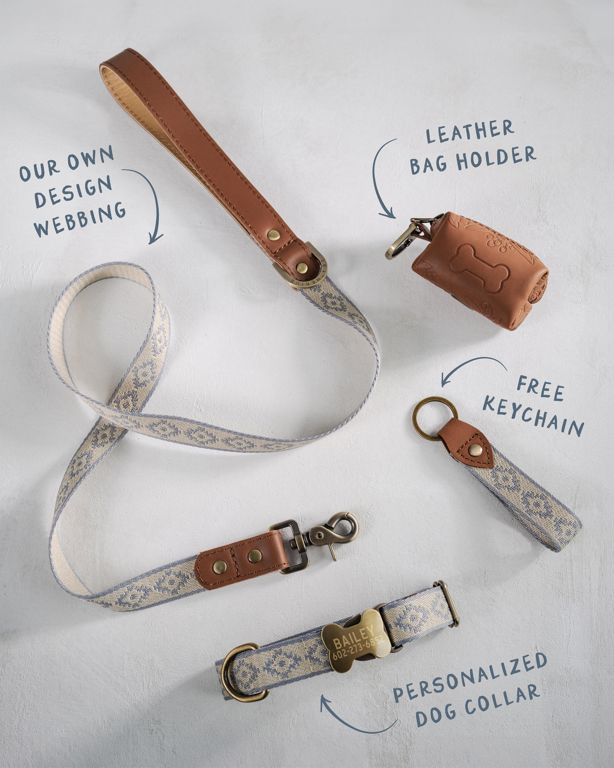 Lavender Diamond dog collar and leash set: collar, matching leash, keychain and leather poop-bag holder