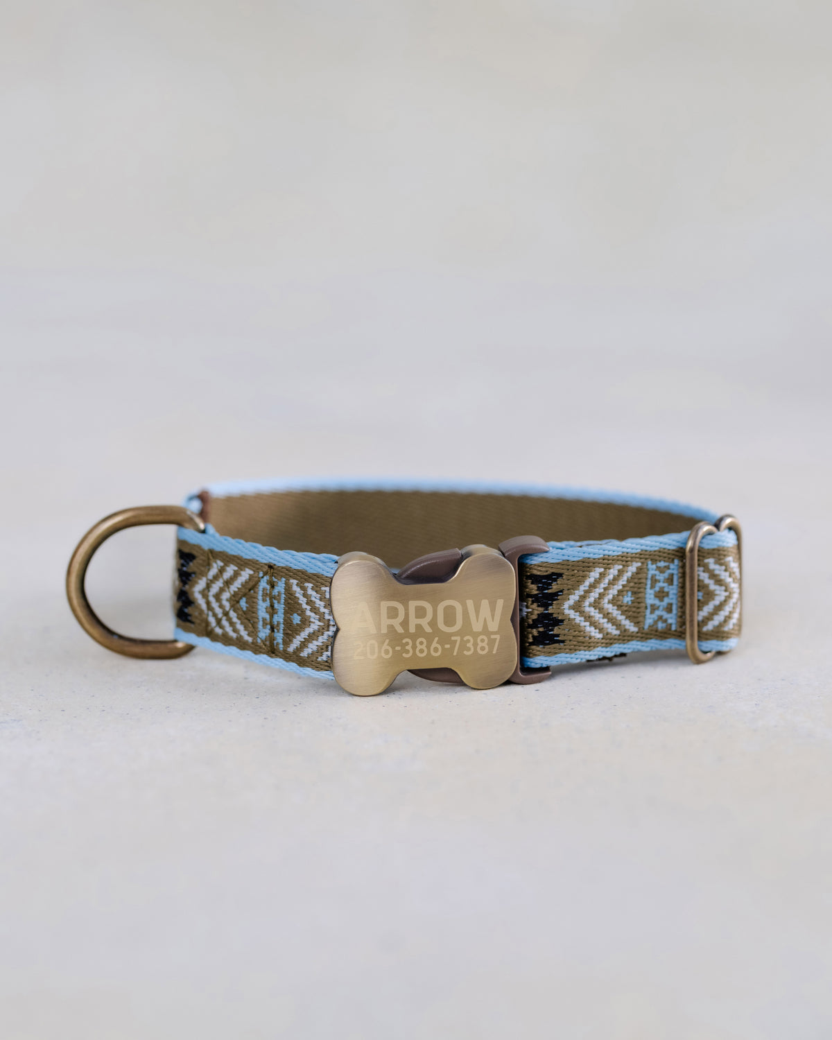 Aztec Dog Collar, personalized Arrowhead webbing collar No. 4 with an engraved bone buckle